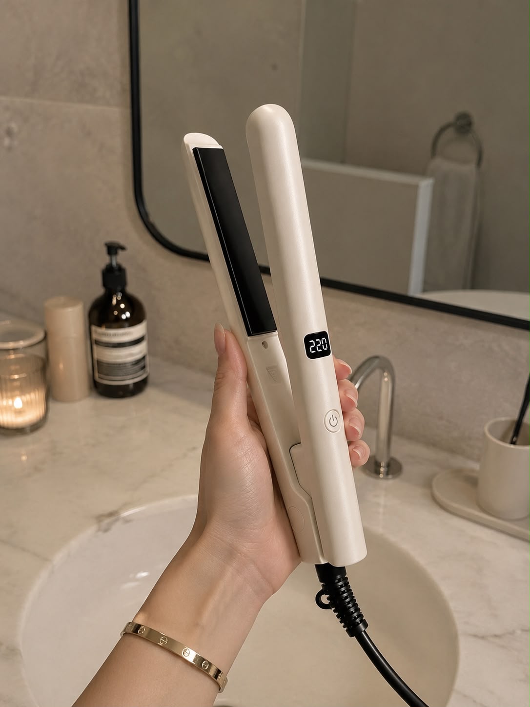 Main tenant le lisseur SILIZIO beige près d'un lavabo en marbre