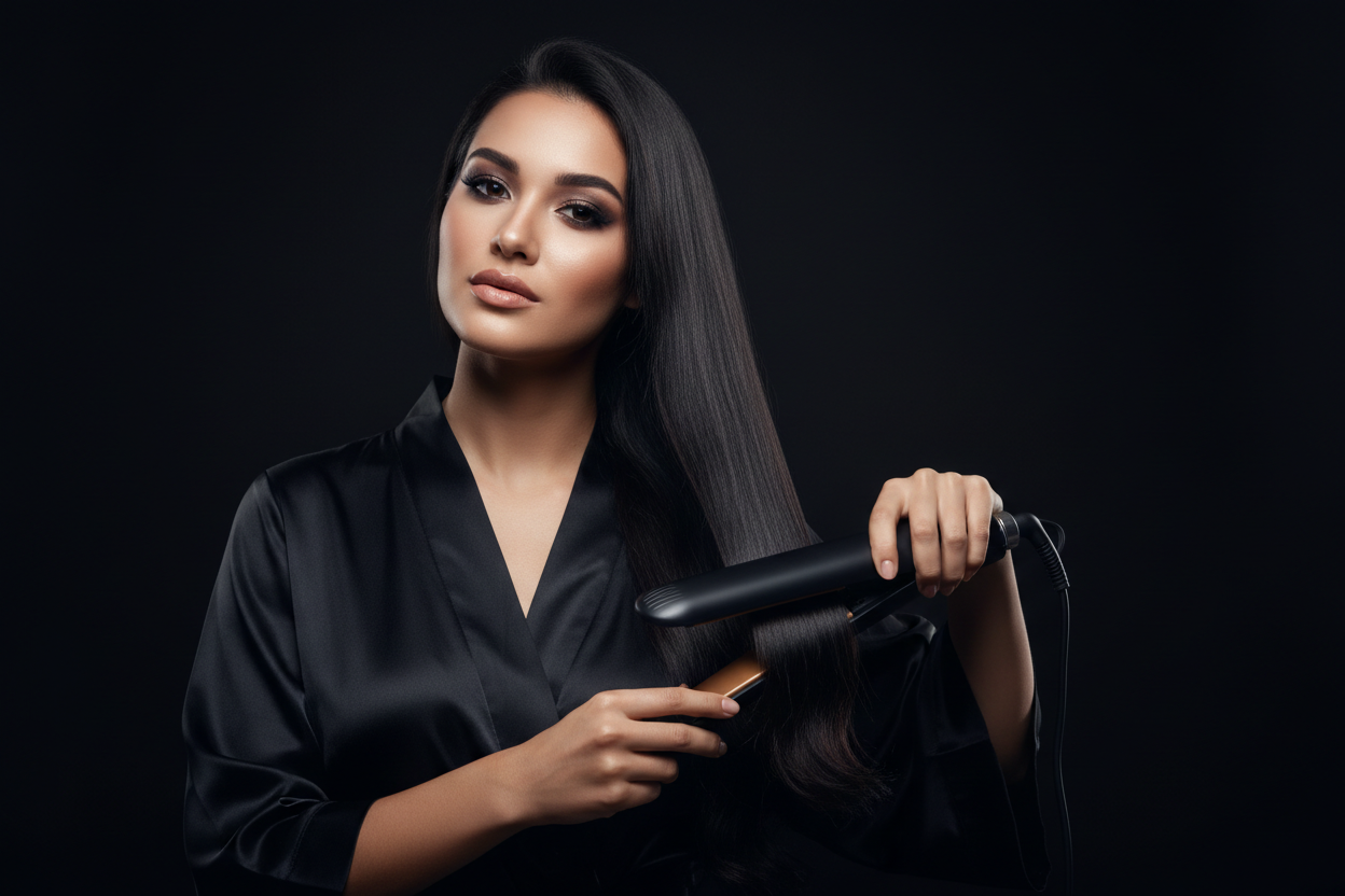 Bannière desktop femme lissant ses cheveux fond noir